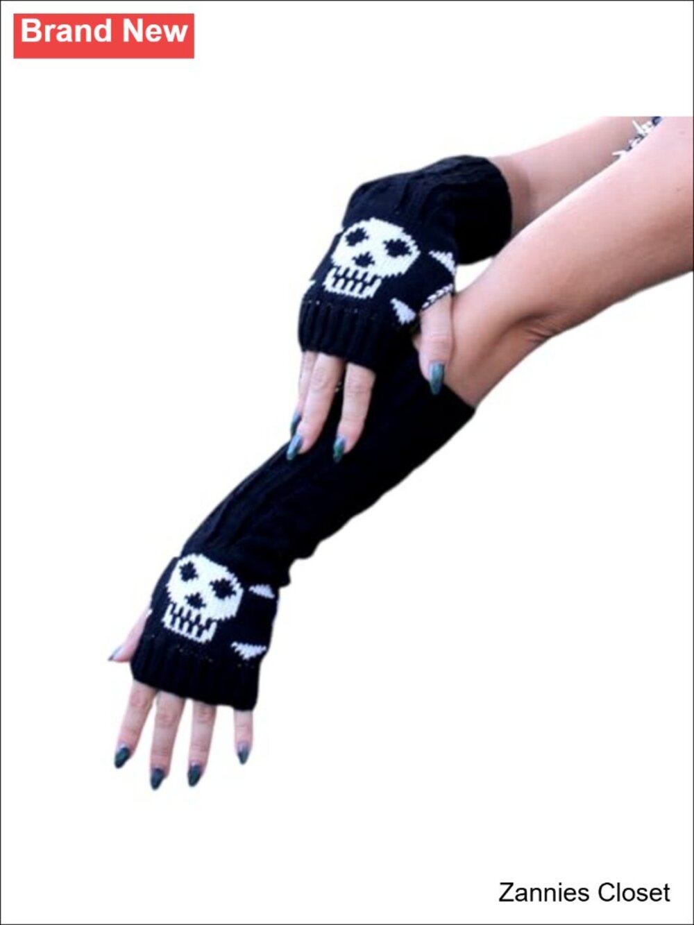 👻 Skull Fingerless Gloves Crochet Knit Arm Warmers Goth Emo
